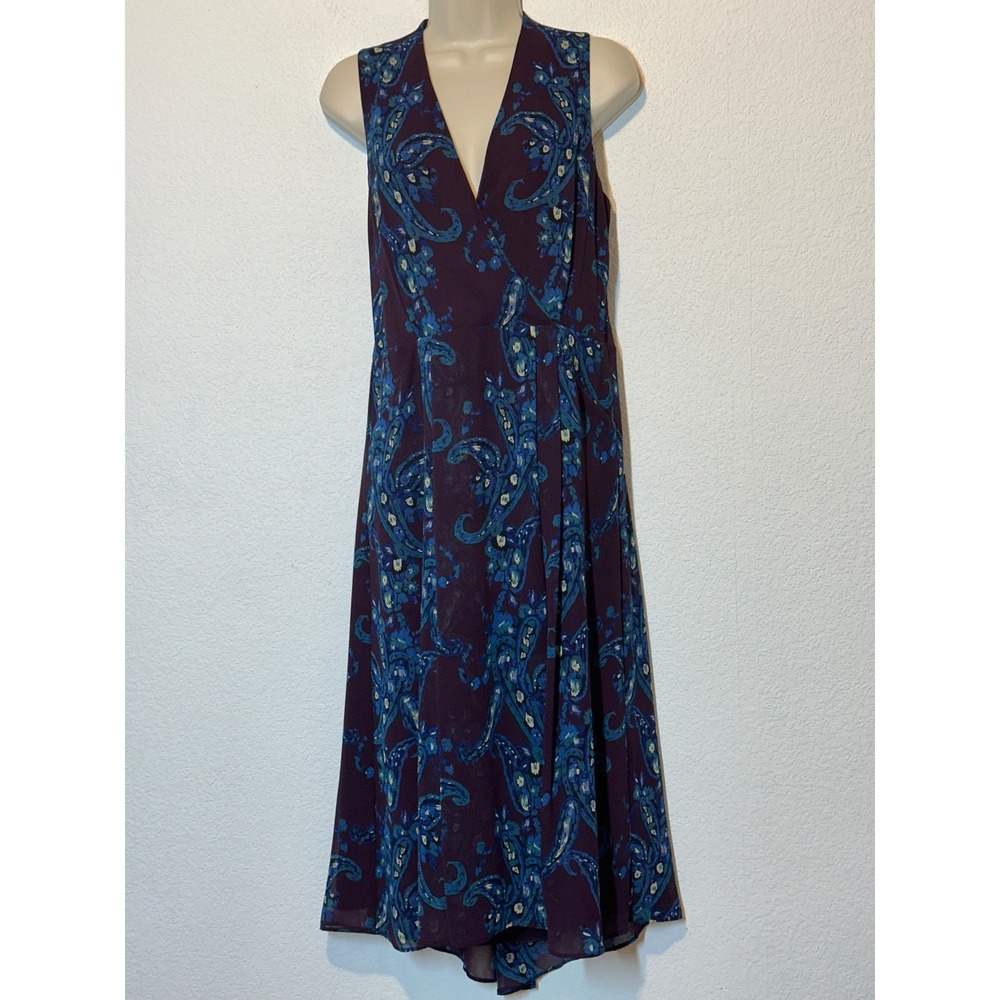 Cabi 3461 Women Plum Blue Paisley Faux Wrap Sleeveless Midi Dress Pockets 8